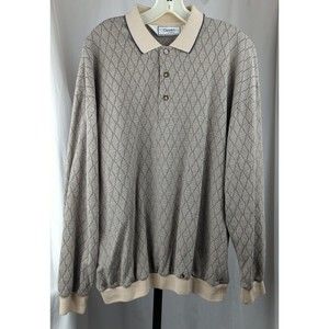 Classics By Palmland Vintage Polo Sweater Shirt Beige Gray Diamond 80s 90s L
